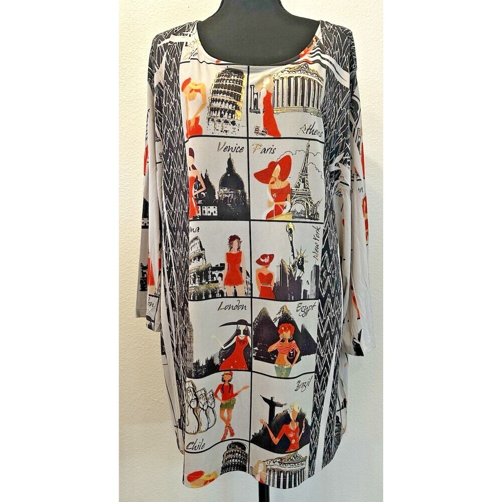 Investments World Traveler Tunic Top 3X Paris London Egypt Graphic